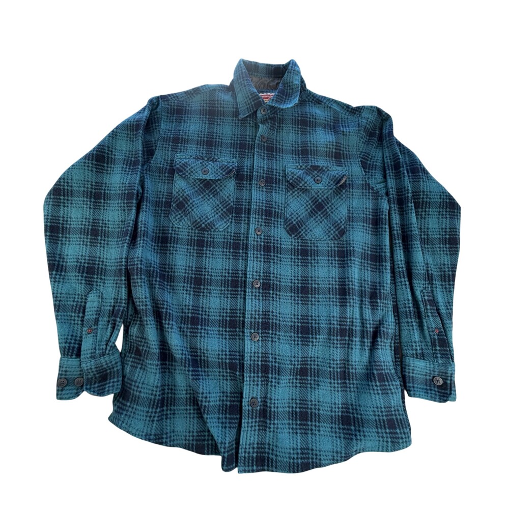 Wrangler Flannel Shirt Mens Medium Blue Plaid Long Sleeve Button Front Casual
